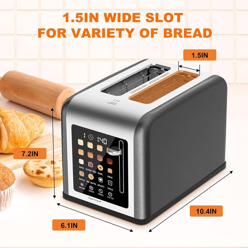 Clixane 2 Slice Toaster Touch Screen, Stainless Steel Toasters Digital Timer 2 Slot Toasters, 8 Shade Settings 6 Bread Types for Bagel, Cancel, Defrost (Grey) - Image 3